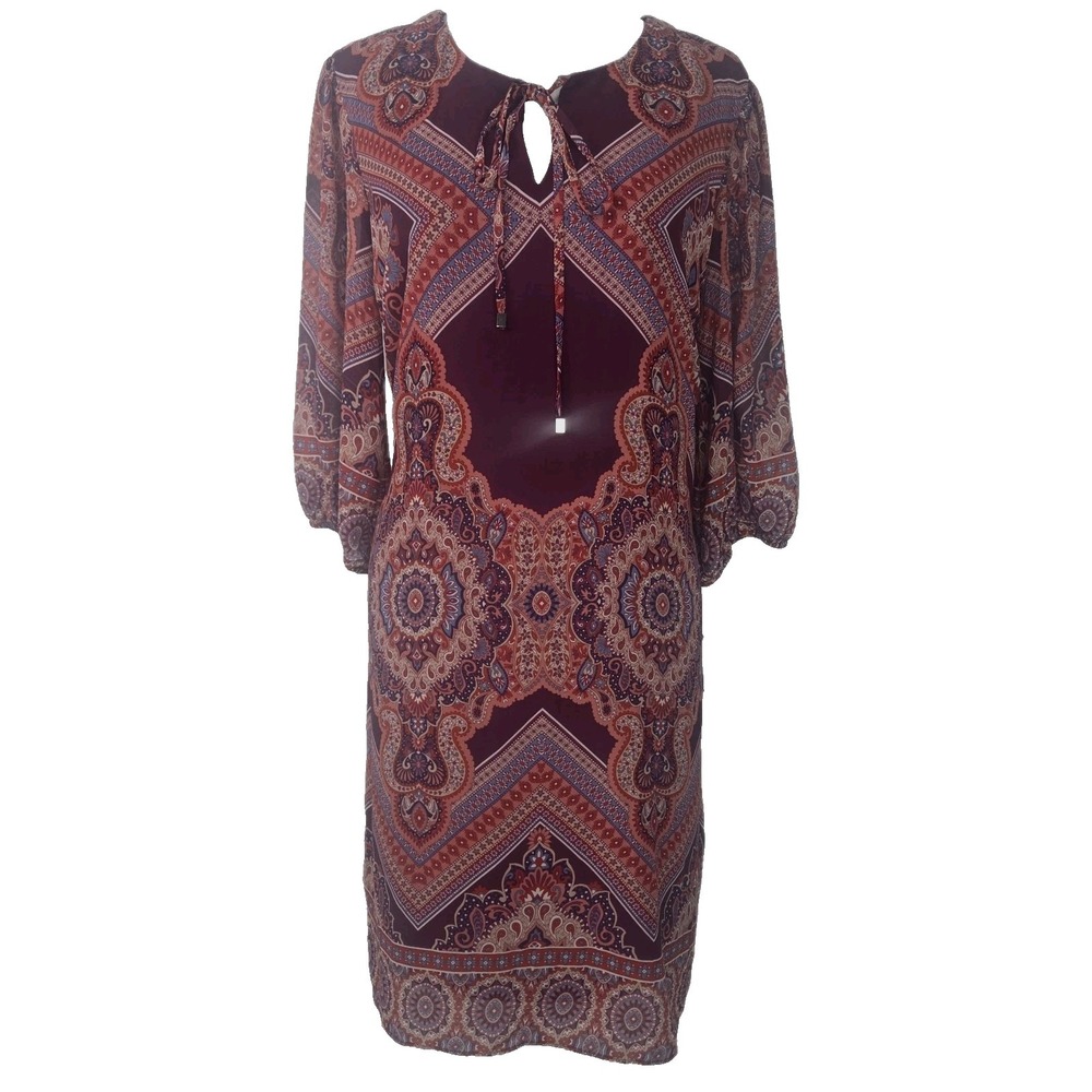 Sandra Darren Size 12 Wine/Rust Chiffon Paisley Lined 3/4 Sleeve Shift Dress New